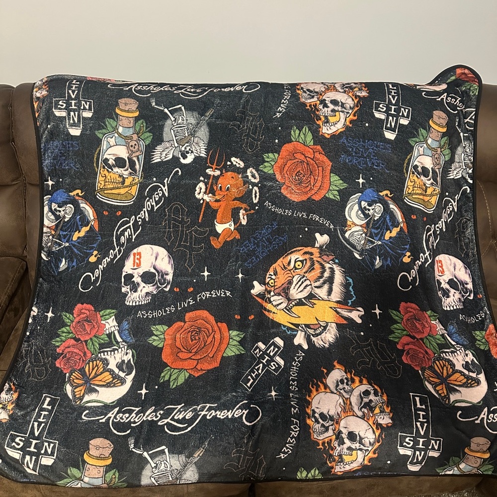 Assholes Live Forever Graphic Black Blanket with Skulls and Roses